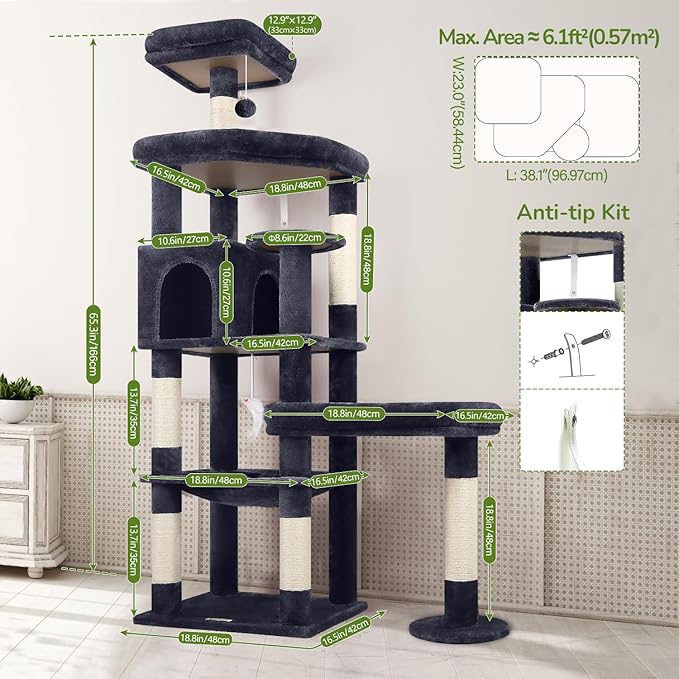 Globlazer Extra Large Platform Cat Tree, 65in Sturdy Cat Scratching Tree for Indoor Cats Large Adult, Big Cat Perch Tower with 3 Padded Perches, 6 Scratching Posts, Cat Condo, Hammock, S65, Dark Grey