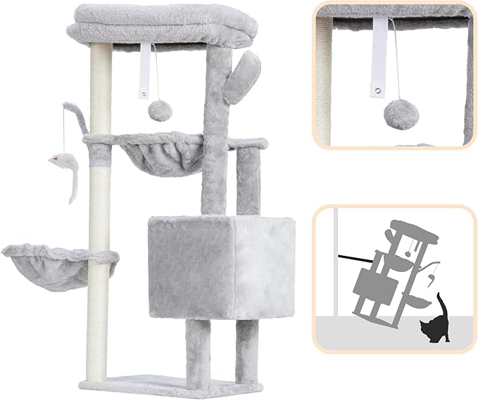Heybly Cat Tree, 39.4 Inches Tower Condo with Scratching Post, Cat Tower for Indoor Cats, Fully Wrapped Sisal Pole, Soft Platform, 2 Baskets and Dangling Toy, Light Gray HCT006SW