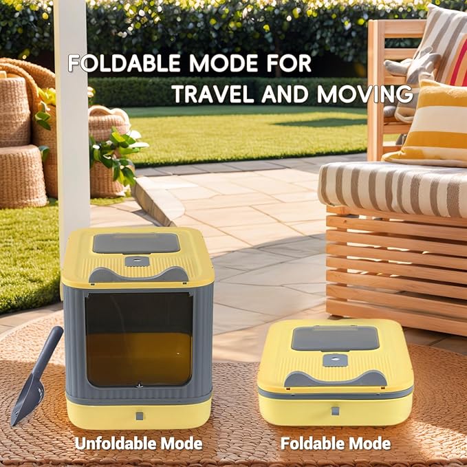 Upgraded Fully Enclosed Cat Litter Box with Lid, Covered Cat Box Enclosure, Anti-Splashing Easy to Clean Kitty Litter Boxes with Drawer, 3 Modes can Use from Kitten to Adult(Yellow&Grey)