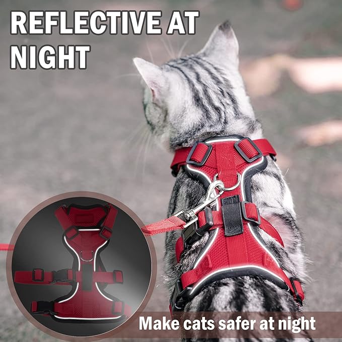 PUPTECK Cat Harness and Leash Set Escape Proof for Walking, Breathable Mash Vest Adjustable Harness for Cats Puppy Small Animals, Reflective at Night, Red Small