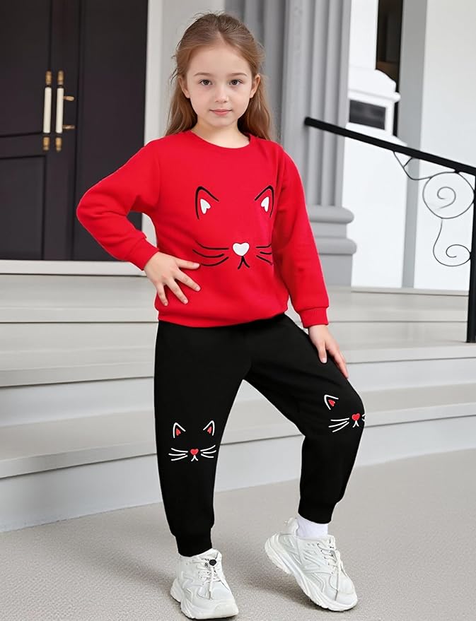 4-8T Toddler Girl Clothes Cat face print Short Sleeve Top+Pants Outfits Girl Spring and summer 2-Piece Set