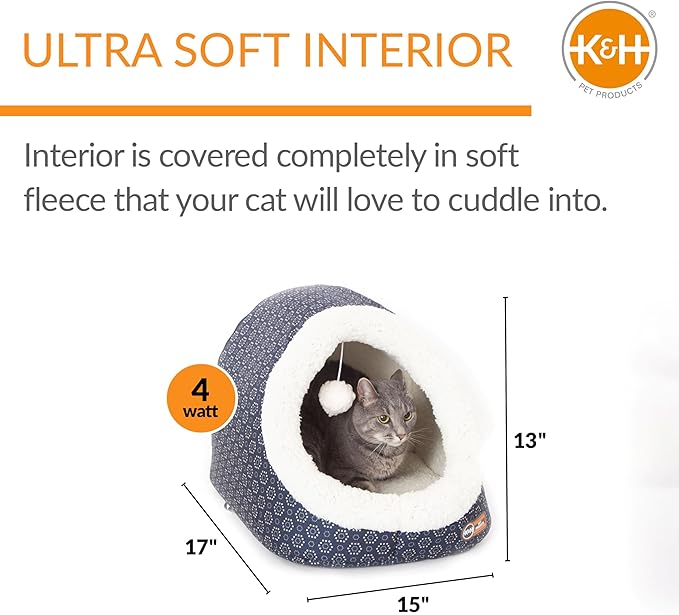 K&H Pet Products Thermo-Pet Cave Heated Cat Bed for Large Cats, Indoor Heated Warming Bed for Dogs & Cats, Covered Cave Pet Tent, Collapsible, Machine Washable, Safety Listed - 17 X 15 X 13in Navy