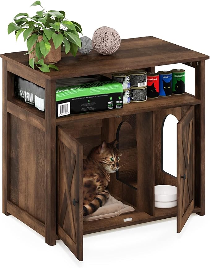 Furinno Peli Farmhouse Cat Litter Cabinet Storage with 2 Doors, Rustic Brown