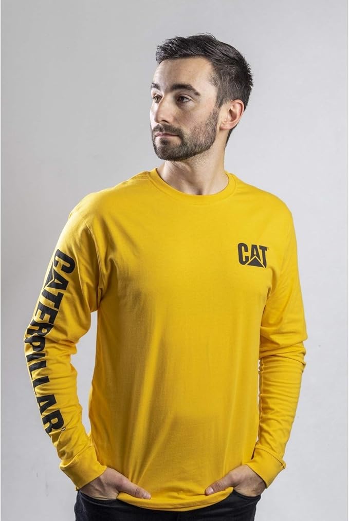 Caterpillar Trademark Banner Long Sleeve Tee Shirts for Men with Center Back Neck Wire Management Loop and Cat Workwear Logo