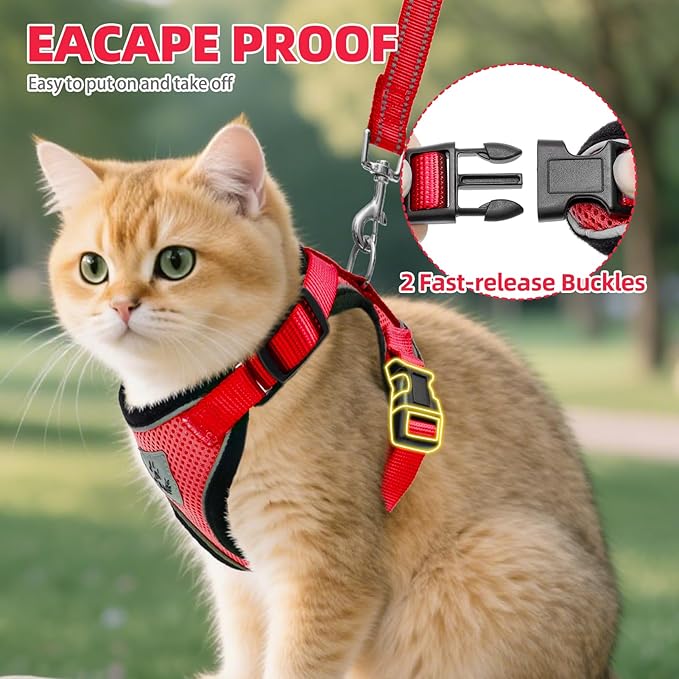 PUPTECK Cat Harness and Leash Set Escape Proof Reflective Cat Walking Harness Adjustable Soft Breathable Mesh Vest for Small Pets, Red, M