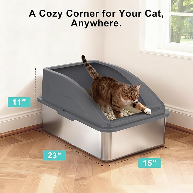Stainless Steel Litter Box | XL Enclosed Cat Litter Boxs with Lid for Big Cats | High Sided, Anti-Urine Leakage | Non-Stick Bottom & Includes Scoop