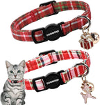 2 Pack Christmas Plaid Cat Collars Breakaway with Bell, DOGWONG Safety Buckle Red Plaid Cute Cat Collar for Girl Boy Cats，Adjustable 7-12 Inch