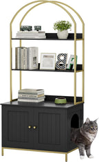Homhedy Cat Litter Box Enclosure, Litter Box Furniture Hidden with 2-Tier Storage Shelves, Wooden Cat Washroom Furniture with Metal Frame, Modern Style, Black and Gold
