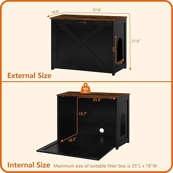 Dwanton Cat Litter Box Furniture Hidden, Cat Litter Box Enclosure, Reversible Entrance Can Be on Left or Right Side, Indoor Cabinet, Wooden Washroom, End Table, Black and Rustic Brown, 27.6" L