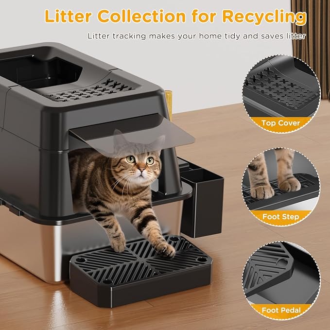 Stainless Steel Litter Box with Lid, XL Closed Metal Litter Box Modular Design with Flip Lid Fits All Cats, Extra Large Covered High Sided Cat Box, Scoop, Non-Sticky, Easy Cleaning (Black)
