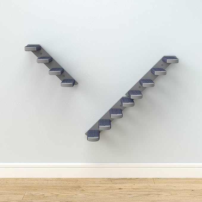 Skywin Cat Steps - Grey Solid Rubber Wood Cat Stairs Great for Scratching and Climbing - Easy to Install Wall Mounted Shelves for Playful Cats (Right to Left)