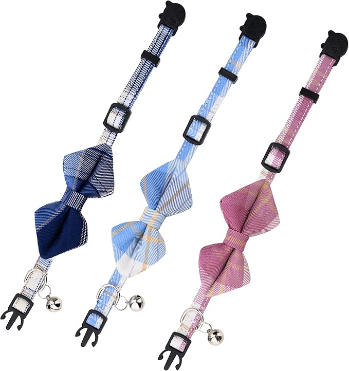 Cat Collar 3pcs Set Classical Plaid Tartan Grid Pattern Detachable Bowtie & Bell Safety Breakaway for Cats Kittens Pink Blue Navy