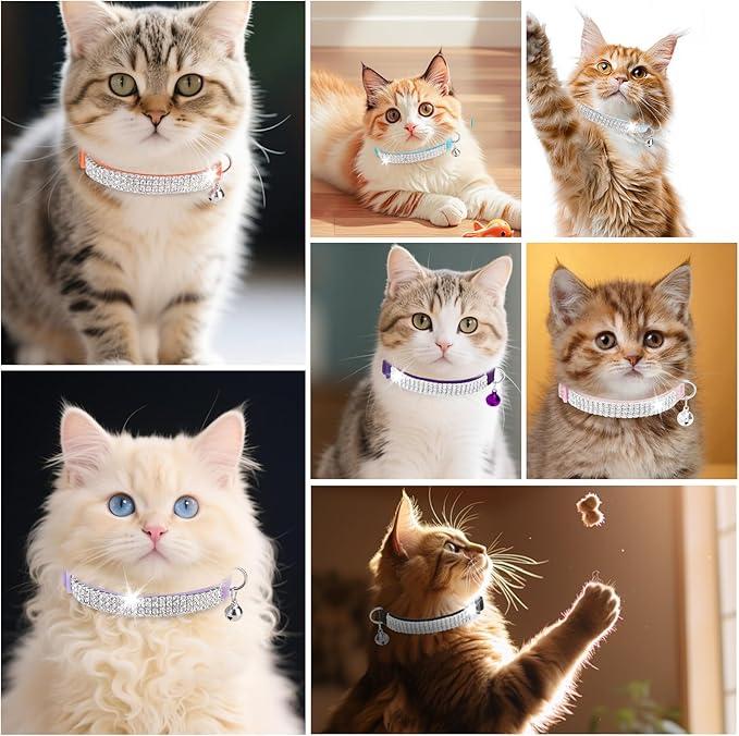 EXPAWLORER Soft Velvet Safe Cat Collars for Girl Cats -2 Pack Rhinestones Bling Diamante Adjustable Collars Breakaway- Chirstmas Cat Clollar Gifts with Bells for Boy Cats Kitty and Small Dogs