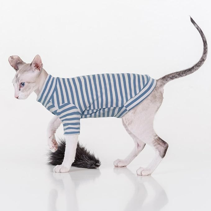 PUMYPOREITY Sphynx Cat Clothes, Soft Hairless Shirt With Sleeves, Stretchy Sweater, Pullover Pajamas Jumpsuit, Turtleneck Outfit for Sphynx Cornish Rex, Devon Rex, Blue, L