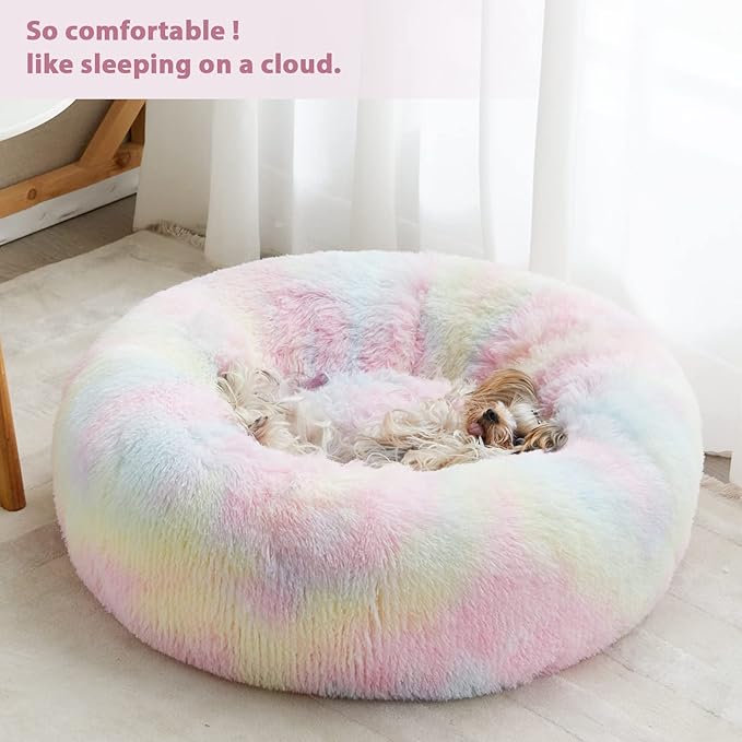 WNPETHOME Calming Dog Bed Cat Bed Donut, Faux Fur Pet Bed Self-Warming Donut Cuddler, Comfortable Round Plush Dog Beds (27 x 27 x 8 Inch, Rainbow)