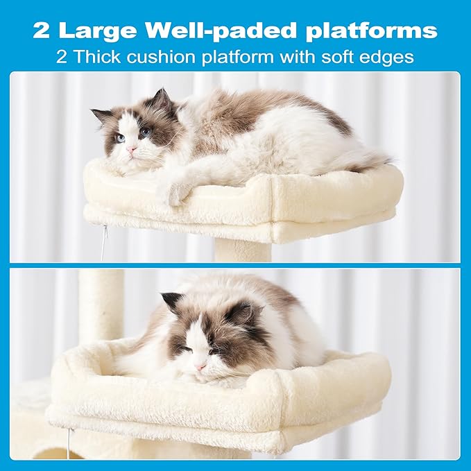 Hey-brother Large Multi-Level Cat Tree Condo Furniture with Sisal-Covered Scratching Posts, 2 Bigger Plush Condos, Perch Hammock for Kittens, Cats and Pets Beige MPJ020M