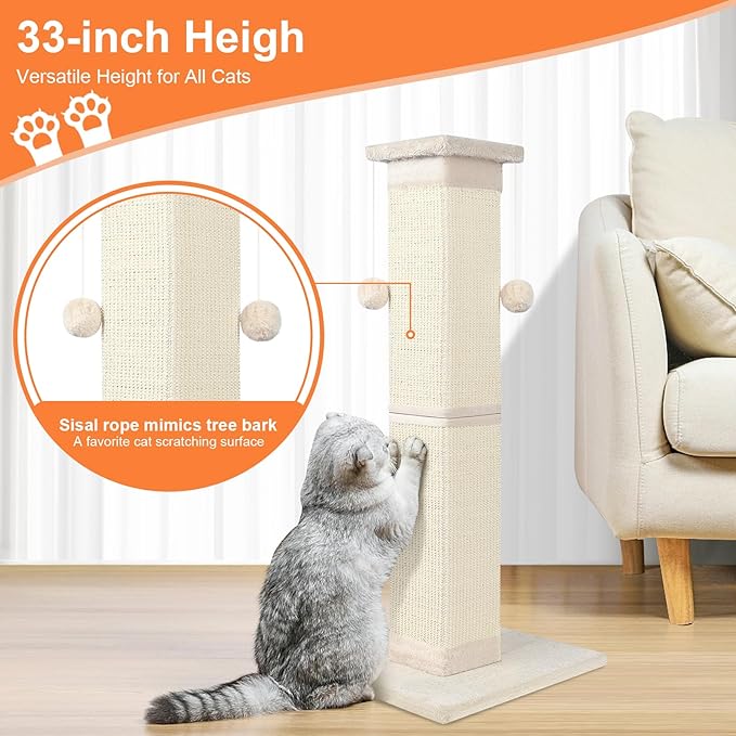 Cat Scratching Post 33 Inch Nature Sisal Cat Scratch Post for Indoor Cats, Large Cat Scratcher Protect Your Furniture, for All Breeds