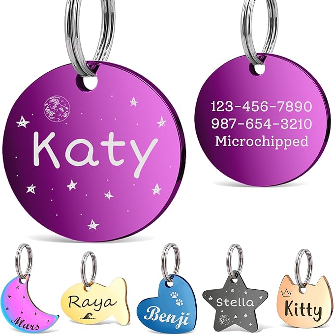 Anavia Small Size Dog Cat ID Tags, Small/XS Personalized Color Plated Stainless Steel Puppy Kitten Name Tags, Customized Engraved Nameplate Pet Collar Tag (Purple, Round)