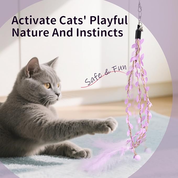 SONGWAY Cat Wand Toys for Indoor Cats - Cat Toy Set with Retractable Teaser Wand and 6 PCS Fairy Feather Toy Refills, Dragonfly Tassel Cat Toys Interactive, Purple