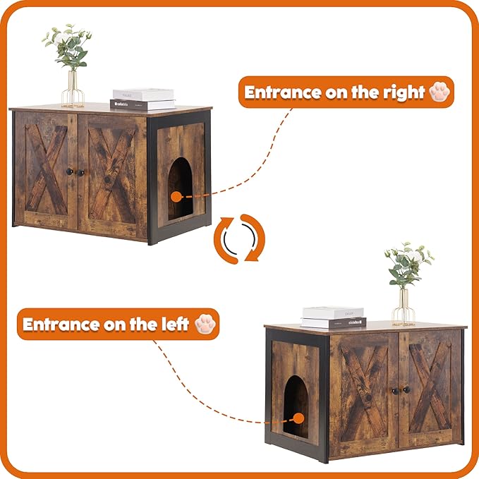 Dwanton Litter Box Enclosure, Cat Litter Box Furniture Hidden, Reversible Entrance Can Be on Left or Right Side, Wooden Cat Washroom Indoor, Rustic Brown, 27.6 Inches