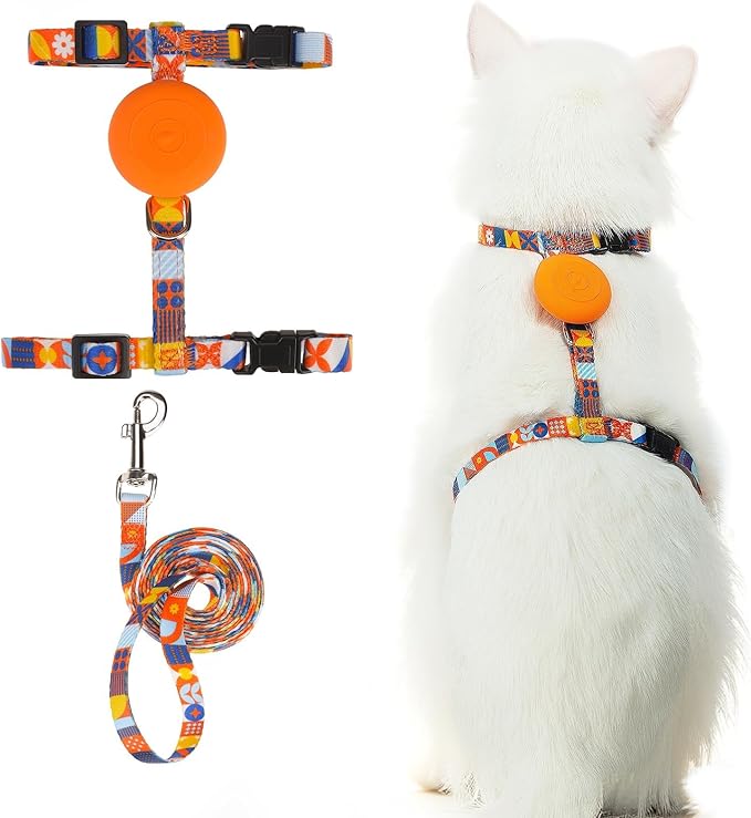 PUPTECK Adjustable Cat Harness and Leash Set Escape Proof Kitten Strap Collar for Walking Travel, Geometry Pattern