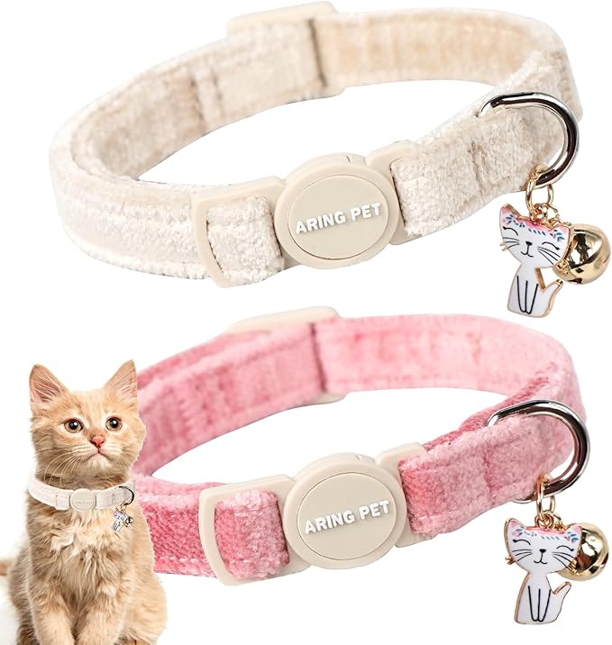 ARING PET 2 Pack Cat Collar-Cute Cotton Cat Collar with Bell & Pendant, Adjustable Pink Khaki Kitten Collars with Safety Buckle for Girl and Boy Pets
