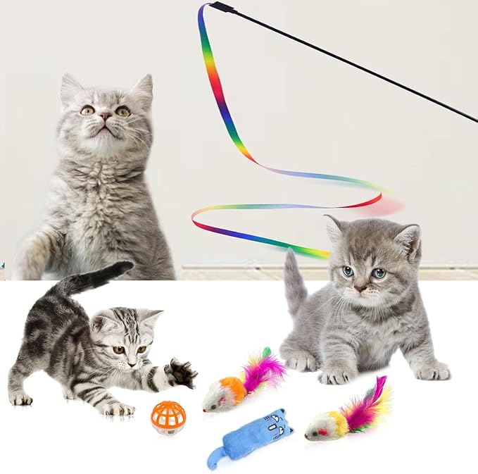 Kitten Starter Kit - 15 Piece Cat Essentials Set Includes Litter Box, Toys, Collars, Scratch Pad, Nail File, Automatic Feed Bowls, Grooming Gloves (Gray)
