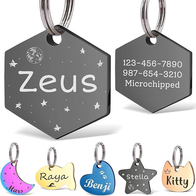 Anavia Small Size Dog Cat ID Tags, Small/XS Personalized Color Plated Stainless Steel Puppy Kitten Name Tags, Customized Engraved Nameplate Pet Collar Tag (Black, Hexagon)
