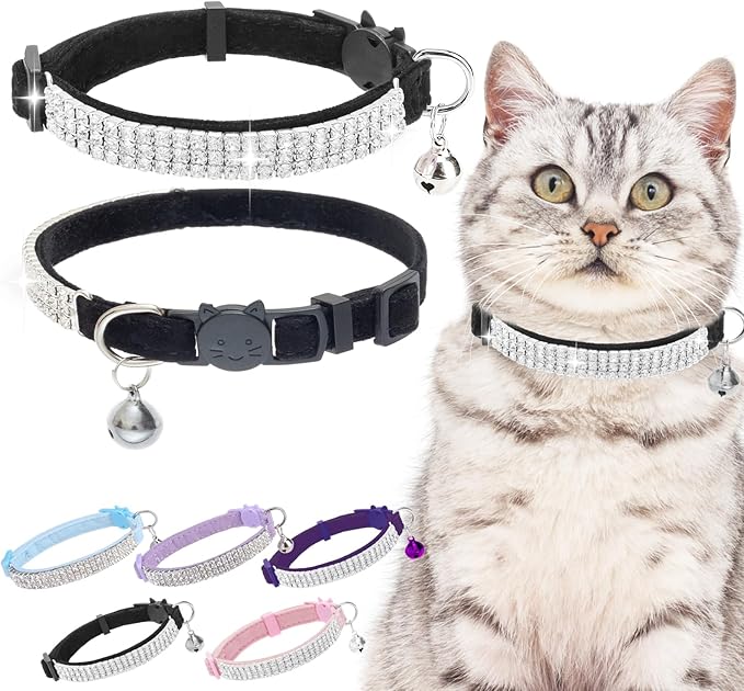 EXPAWLORER Soft Velvet Safe Cat Collars for Girl Cats - Rhinestones Adjustable Collars Breakaway- Chirstmas Cat Clollar Gifts with Bells for Boy Cats Kitty and Small Dogs(XS,Black)