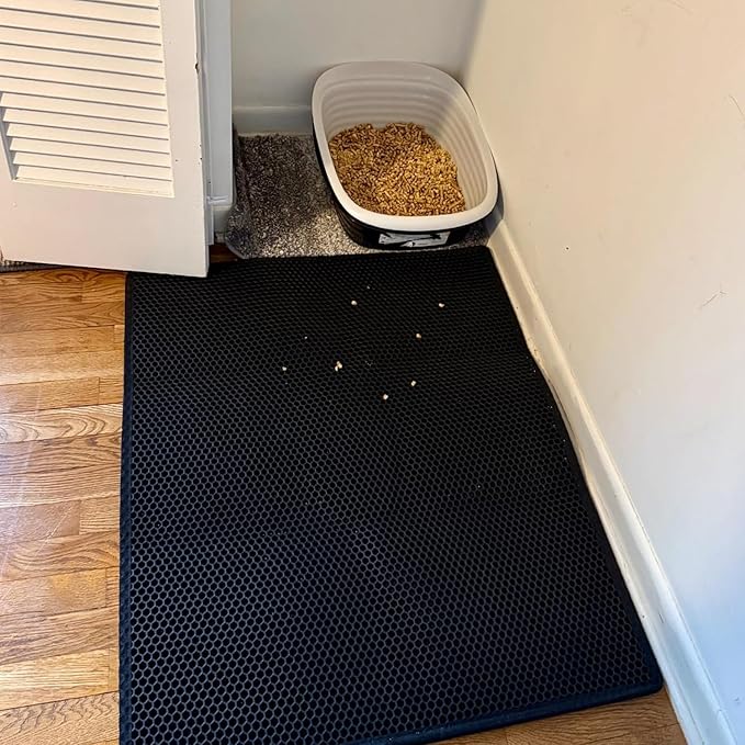 Cat Litter Box Mat: 36"x 30" Waterproof Kitty Cat Litter Trapping Mat, Easy-clean Double-layer Scatter Control Pad Rug (Black)