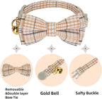 2 Pack Soft Cotton Cat Collars with Bowtie and Bell Breakaway Plaid Cat Kitten Collar(Beige and Amber)