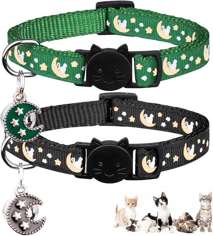 2Pcs Breakaway Cats Collars Cat Collars for Boy & Girl Cats Adjustable Kitten Collars with Bell,Black+Emerald,8"-13.1"