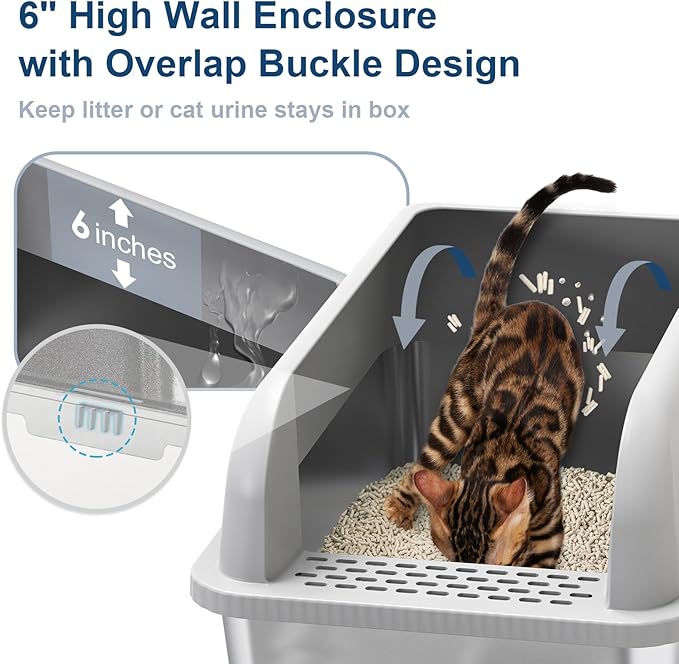 Enclosed Stainless Steel Cat Litter Box with Lid Extra Large Litter Box for Big Cats XL Metal Litter Pan Tray with High Wall Sides Enclosure, Non-Sticky, Anti-Leakage, Easy Cleaning