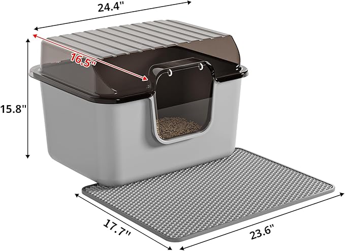 Oneluck Large Cat Litter Box with Transparent Covered,Mat and Scoop, Convenient for Observing Cats, Front Door Flap for Privacy, Gray (23.5" L x 16.9" W x 15.76" H) (23.5" L x 16.9" W x 15.76" H)