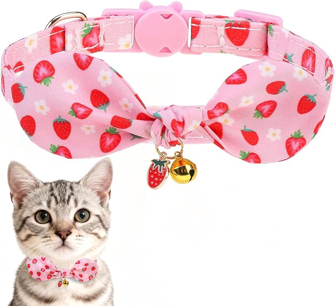 EXPAWLORER Bunny Ear Cat Collar with Bell, Soft Breakaway Kitten Collar with Bow and Accessory, Pink Girl Cat Collars with Safety Quick Release Clasp, Pet Collar for Valentine's Day (Strawberry)