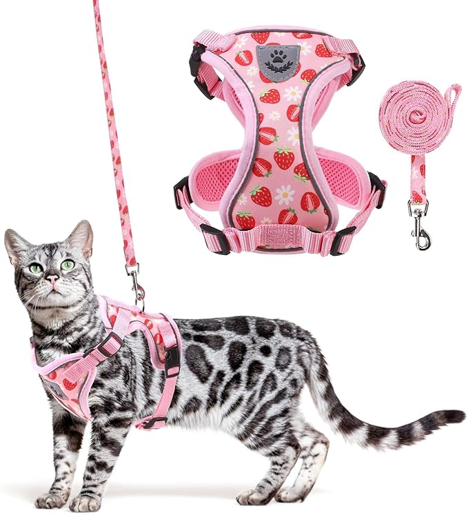 KOOLTAIL Cat Harness and Leash Set, Escape Proof for Safe Walking & Travel, Reflective Comfortable Easy Control Adjustable Kitten Harness for Boys&Girls Small Medium Large Cats Strawberry M