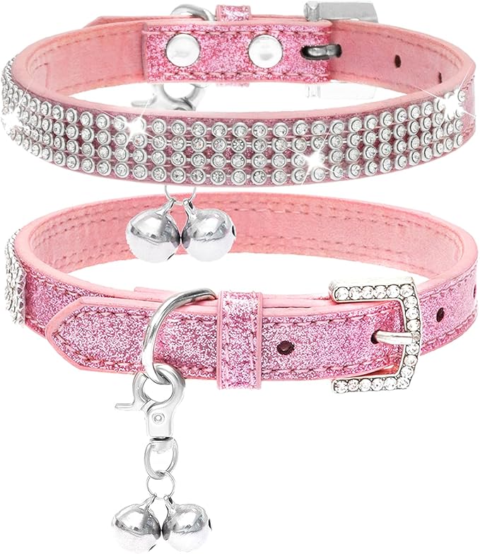 PUPTECK Basic Adjustable Cat Collar with Bling Diamond and Double Bells, for Kitten and Small Puppy, Fashion and Shining Dog Rhinestone Collars, 10-13 in, Pink