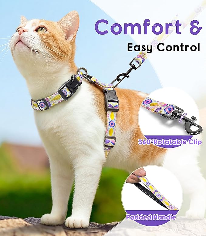 Halypet 2-Pack Cat Harness and Leash Set, Escape Proof 3-in-1 Adjustable Harness for Cats, Soft Lightweight, Easy On & Control for Walking, Travel & Outdoor Use, Pastel Floral, Small