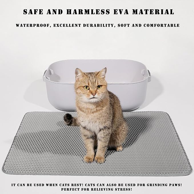 HCY&WLD Cat Litter Mat, 45x26/35x24/30x22/24x18 Inch Double Layer Cat Litter Box Mat, EVA Non-Slip, Waterproof Urine Proof Cat Litter Catcher Mat, Easy Clean Scatter Control (30x22 Inch, Khaki)