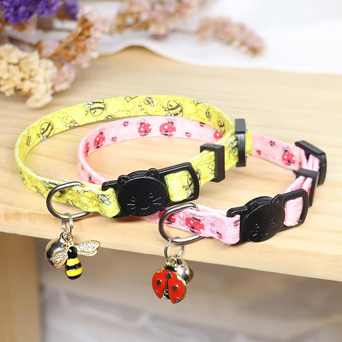 Cat Collar Breakaway, 2 Pack Cotton Cats Collars with Bells, Cute Bee and Ladybug Shaped for Girl Boy Kittens
