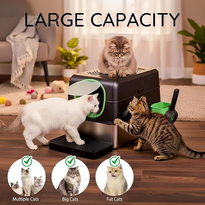Cat Litter Box with Lid,Extra Large Enclosed Removable Cat Litter Boxes ，Stainless Covered，Top Entry Metal Kitty Litter Box with Cover.High Sided Enclosure with Scoop-Black