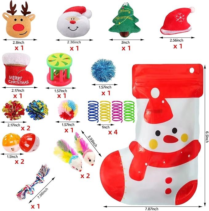 Christmas Cat Toys 19pcs, Christmas Stocking Assorted Toys Cat Gifts with Ball Toy, Cat Spring Toy, Mouse, Crinkle Balls, Interactive Cat Toy for Indoor Cats