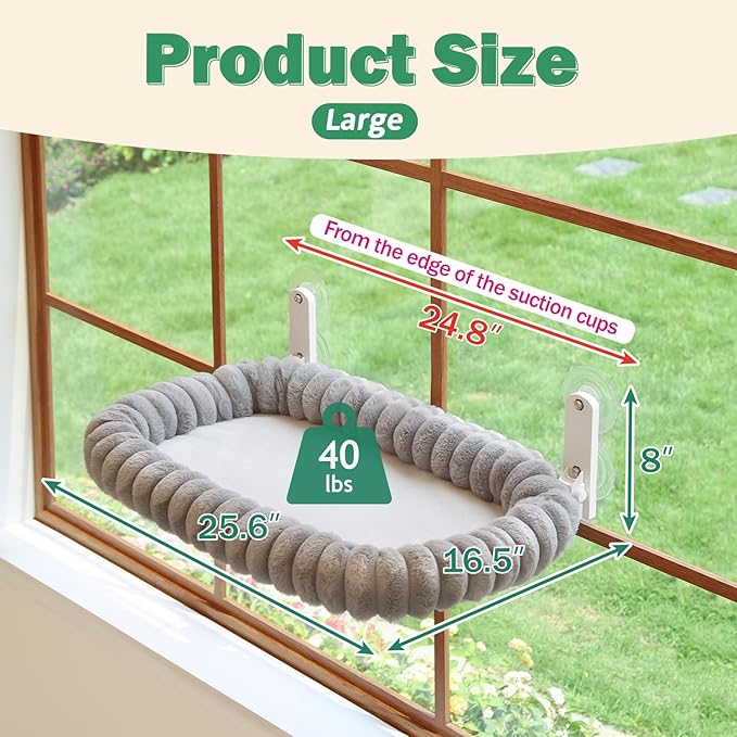 Zakkart SnugCloud Foldable Cat Window Perch - Cordless, Ultra Soft Machine Washable Bed with 4-Sided Bolster, Metal Frame - Window Hammock for Large Cats and Kittens (Gray, Large)