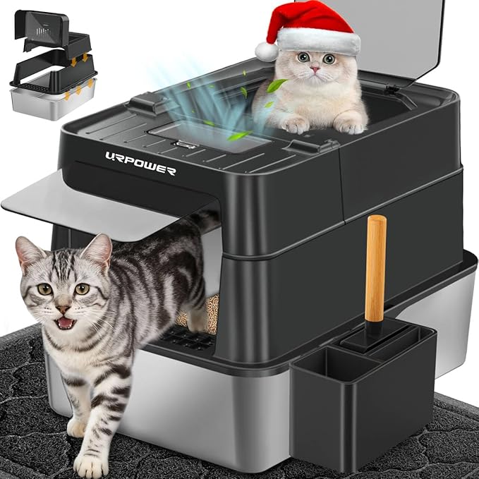 URPOWER Stainless Steel Cat Litter Box with Lid 110° Flip-Top Extra Large Enclosed Litter Box Non-Sticky Metal Pan with High Sided & Scoop, Odor Free, Front & Top Entry, Anti-Leakage, Easy Cleaning