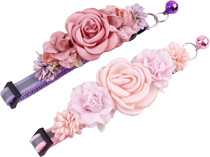 2 Pack Cat Collar Pink Floral with Bell and Removable Flower Bowtie Breakaway Adjustable Cat Collar for Girl Kitten Puppy Small Cats Dogs Daily Decoration (XQ10-8)