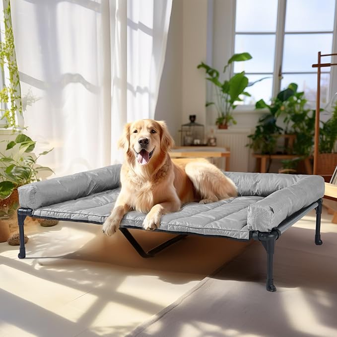 Veehoo Cooling Elevated Dog Bed Add Removable Waterproof Bolster Cushion Mat, Raised Pet Cot with Breathable Teslin Mesh, No-Slip Feet, Dog Couch Bed for Indoor Outdoor, 49x33inches, Grey, CWC2331B