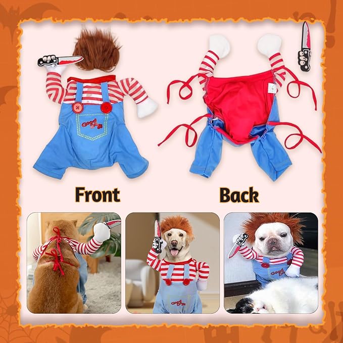 Pet Deadly Doll Dog Costume, Novelty Halloween Christmas Costumes Funny Dog Cosplay Outfits Cute Clothes for Small Medium Large Dogs Cats Party Dress Up Cool Puppy Costumes Scary Spooky Apparel Blue