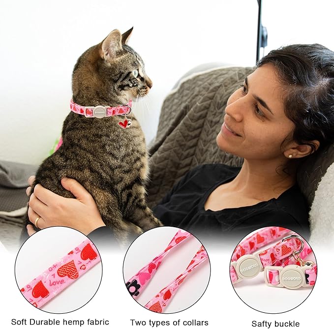 2 Pack Cat Collars Breakaway with Bell, DOGWONG Safety Buckle Valentine's Day Cat Collar Pink Heart for Girl Boy Cats and Small Dogs，Adjustable 7-12 Inch,Pet Supplies Accessories