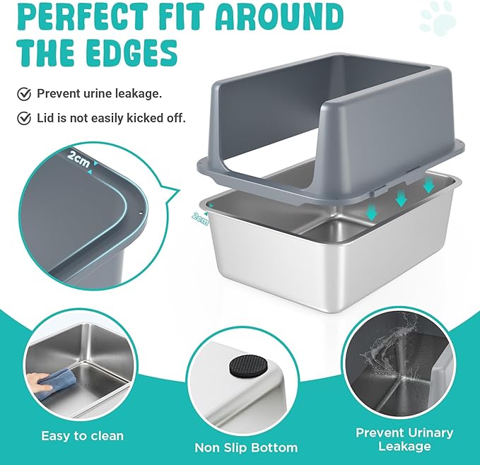 Litter Box with Lid, Stainless Steel Litter Box, 12" Metal Litter Pan High Sides, Small Litter Tray for Kittens, Cat Litter Tray Covered Grey, Easy Clean