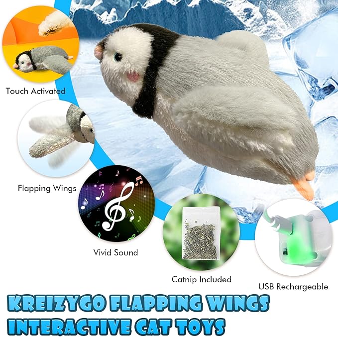 Cat Toys, Flapping Wings Penguin, No Flying, Chirping Bird Interactive Catnip Toy for Kitten or Small Dogs, Touch Activated, Rechargeable